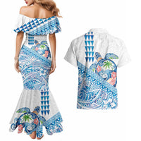 Hawaiian Abstract Sea Turtle Couples Matching Mermaid Dress and Hawaiian Shirt Polynesian Tapa Art and Kakau Tattoo White WaterColor LT03 - Polynesian Pride