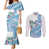 Hawaiian Abstract Sea Turtle Couples Matching Mermaid Dress and Long Sleeve Button Shirt Polynesian Tapa Art and Kakau Tattoo White WaterColor LT03 White - Polynesian Pride