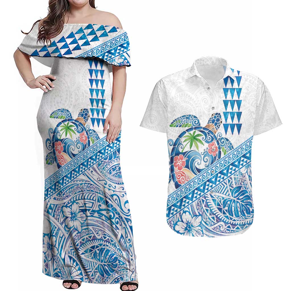 Hawaiian Abstract Sea Turtle Couples Matching Off Shoulder Maxi Dress and Hawaiian Shirt Polynesian Tapa Art and Kakau Tattoo White WaterColor LT03 White - Polynesian Pride
