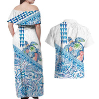 Hawaiian Abstract Sea Turtle Couples Matching Off Shoulder Maxi Dress and Hawaiian Shirt Polynesian Tapa Art and Kakau Tattoo White WaterColor LT03 - Polynesian Pride