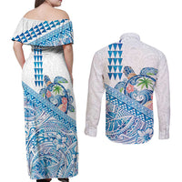 Hawaiian Abstract Sea Turtle Couples Matching Off Shoulder Maxi Dress and Long Sleeve Button Shirt Polynesian Tapa Art and Kakau Tattoo White WaterColor LT03 - Polynesian Pride