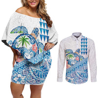 Hawaiian Abstract Sea Turtle Couples Matching Off Shoulder Short Dress and Long Sleeve Button Shirt Polynesian Tapa Art and Kakau Tattoo White WaterColor LT03 White - Polynesian Pride