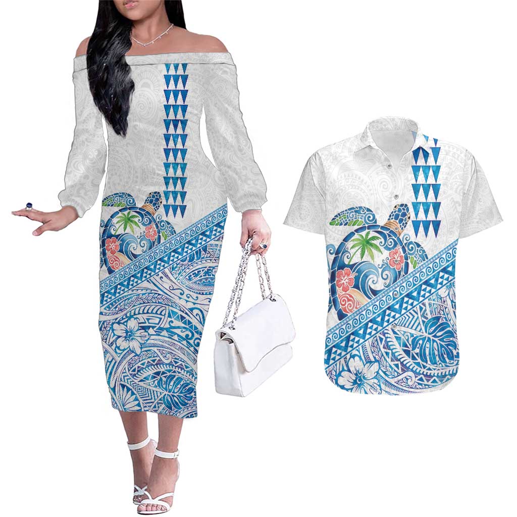Hawaiian Abstract Sea Turtle Couples Matching Off The Shoulder Long Sleeve Dress and Hawaiian Shirt Polynesian Tapa Art and Kakau Tattoo White WaterColor LT03 White - Polynesian Pride