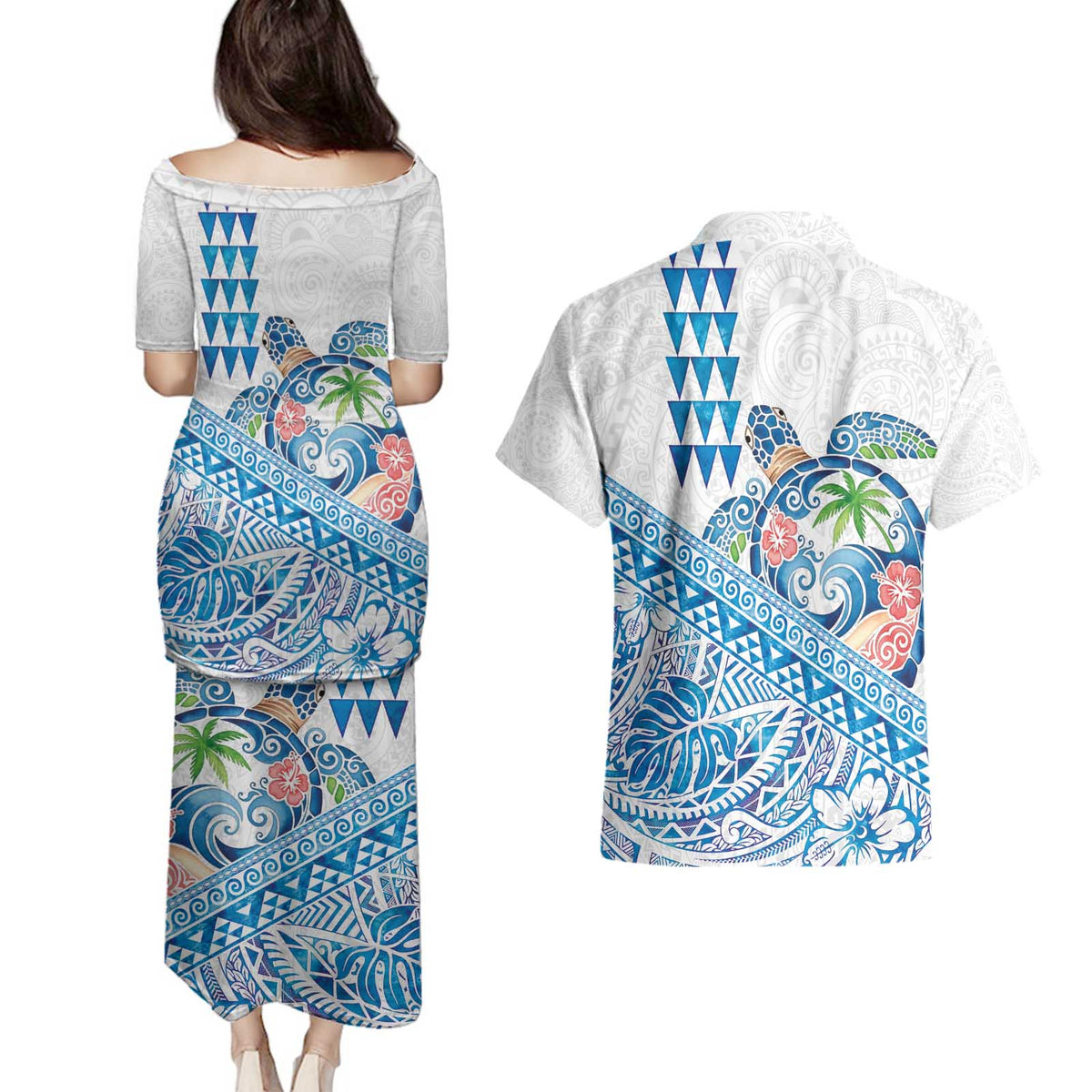 Hawaiian Abstract Sea Turtle Couples Matching Puletasi and Hawaiian Shirt Polynesian Tapa Art and Kakau Tattoo White WaterColor LT03 - Polynesian Pride