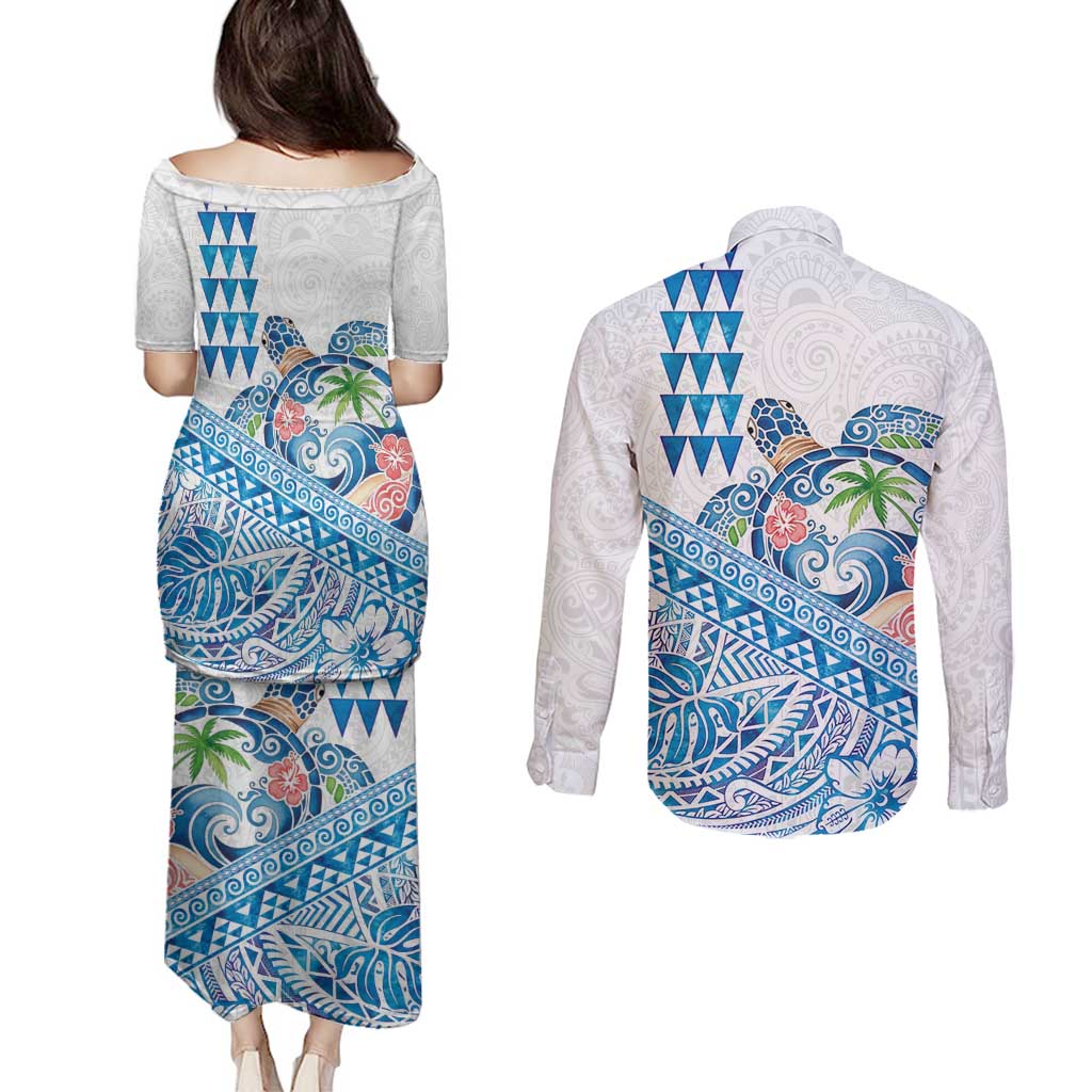 Hawaiian Abstract Sea Turtle Couples Matching Puletasi and Long Sleeve Button Shirt Polynesian Tapa Art and Kakau Tattoo White WaterColor LT03 - Polynesian Pride