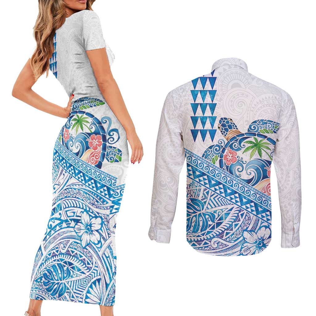 Hawaiian Abstract Sea Turtle Couples Matching Short Sleeve Bodycon Dress and Long Sleeve Button Shirt Polynesian Tapa Art and Kakau Tattoo White WaterColor LT03 - Polynesian Pride