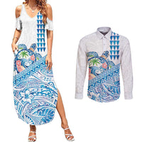 Hawaiian Abstract Sea Turtle Couples Matching Summer Maxi Dress and Long Sleeve Button Shirt Polynesian Tapa Art and Kakau Tattoo White WaterColor LT03 White - Polynesian Pride