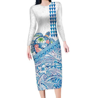 Hawaiian Abstract Sea Turtle Family Matching Long Sleeve Bodycon Dress and Hawaiian Shirt Polynesian Tapa Art and Kakau Tattoo White WaterColor LT03 Mom's Dress White - Polynesian Pride