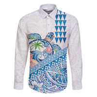 Hawaiian Abstract Sea Turtle Family Matching Mermaid Dress and Hawaiian Shirt Polynesian Tapa Art and Kakau Tattoo White WaterColor LT03 Dad's Shirt - Long Sleeve White - Polynesian Pride