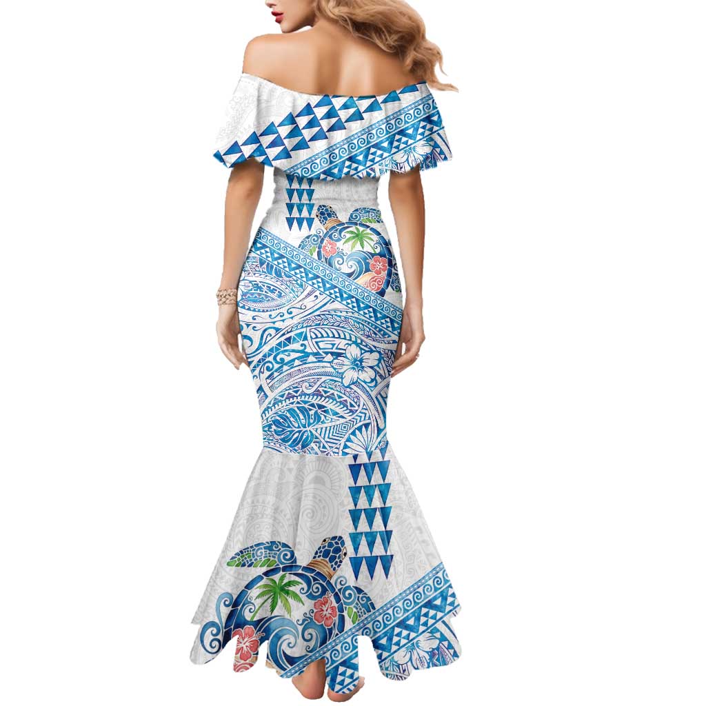 Hawaiian Abstract Sea Turtle Family Matching Mermaid Dress and Hawaiian Shirt Polynesian Tapa Art and Kakau Tattoo White WaterColor LT03 - Polynesian Pride