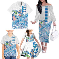 Hawaiian Abstract Sea Turtle Family Matching Off The Shoulder Long Sleeve Dress and Hawaiian Shirt Polynesian Tapa Art and Kakau Tattoo White WaterColor LT03 - Polynesian Pride