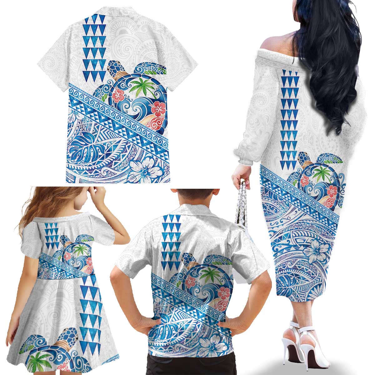 Hawaiian Abstract Sea Turtle Family Matching Off The Shoulder Long Sleeve Dress and Hawaiian Shirt Polynesian Tapa Art and Kakau Tattoo White WaterColor LT03 - Polynesian Pride