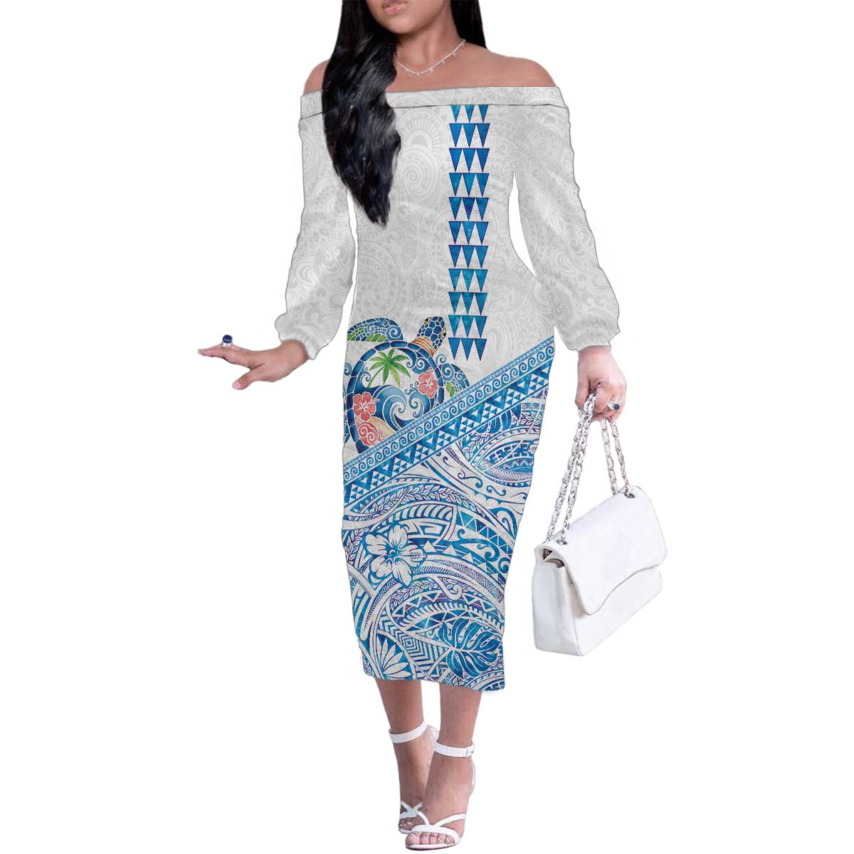 Hawaiian Abstract Sea Turtle Family Matching Off The Shoulder Long Sleeve Dress and Hawaiian Shirt Polynesian Tapa Art and Kakau Tattoo White WaterColor LT03 Mom's Dress White - Polynesian Pride