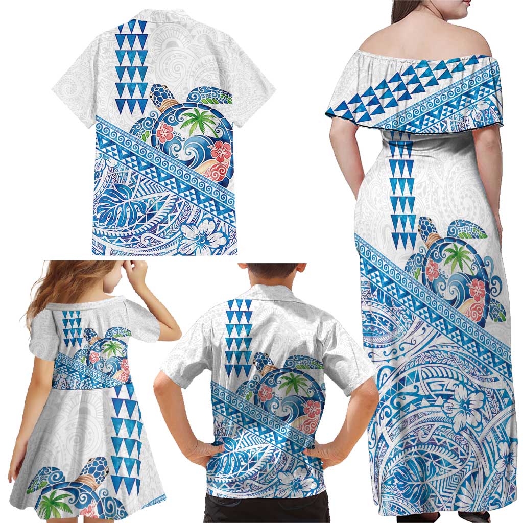 Hawaiian Abstract Sea Turtle Family Matching Off Shoulder Maxi Dress and Hawaiian Shirt Polynesian Tapa Art and Kakau Tattoo White WaterColor LT03 - Polynesian Pride