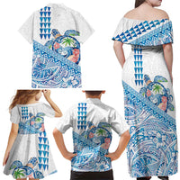 Hawaiian Abstract Sea Turtle Family Matching Off Shoulder Maxi Dress and Hawaiian Shirt Polynesian Tapa Art and Kakau Tattoo White WaterColor LT03 - Polynesian Pride