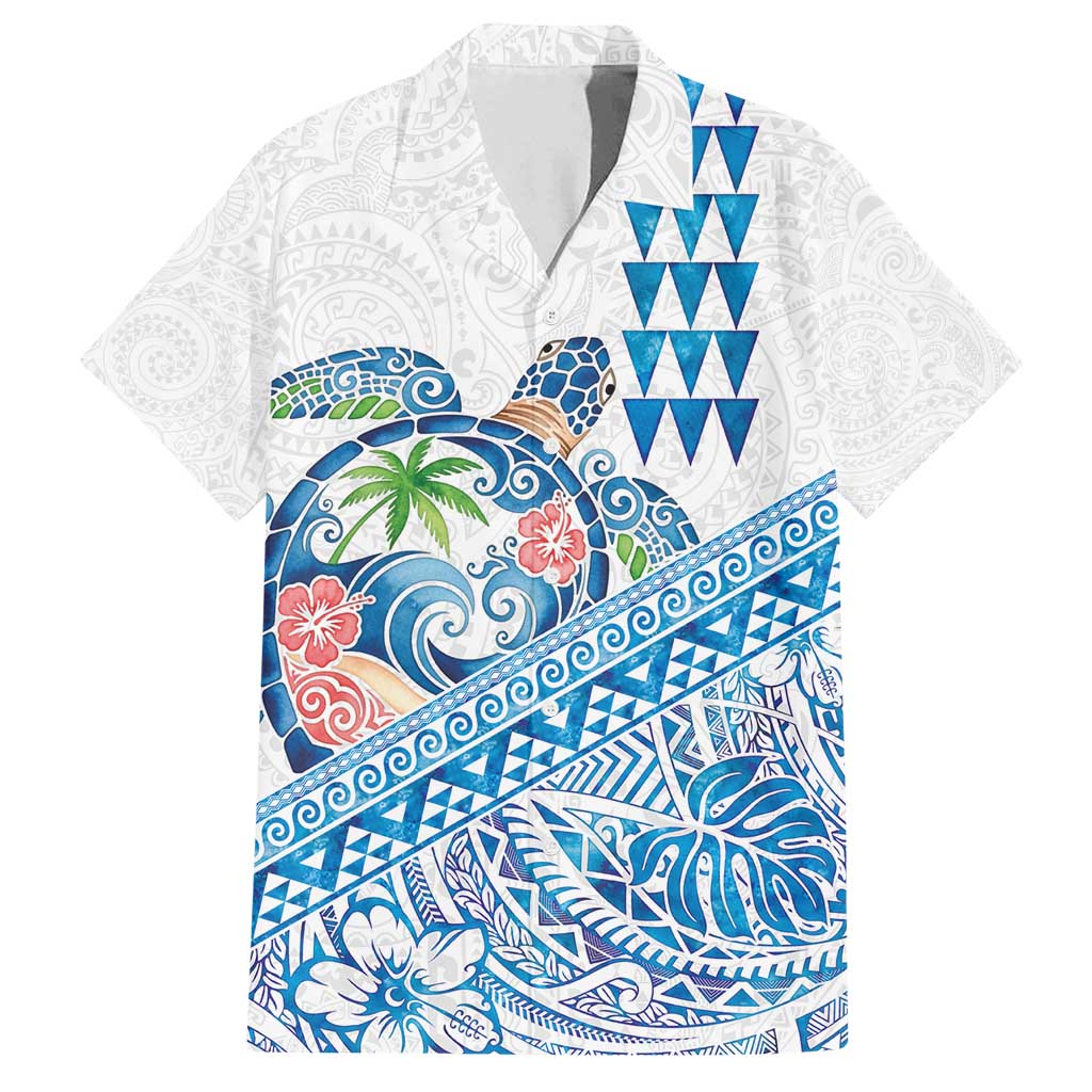 Hawaiian Abstract Sea Turtle Family Matching Off Shoulder Maxi Dress and Hawaiian Shirt Polynesian Tapa Art and Kakau Tattoo White WaterColor LT03 Dad's Shirt - Short Sleeve White - Polynesian Pride