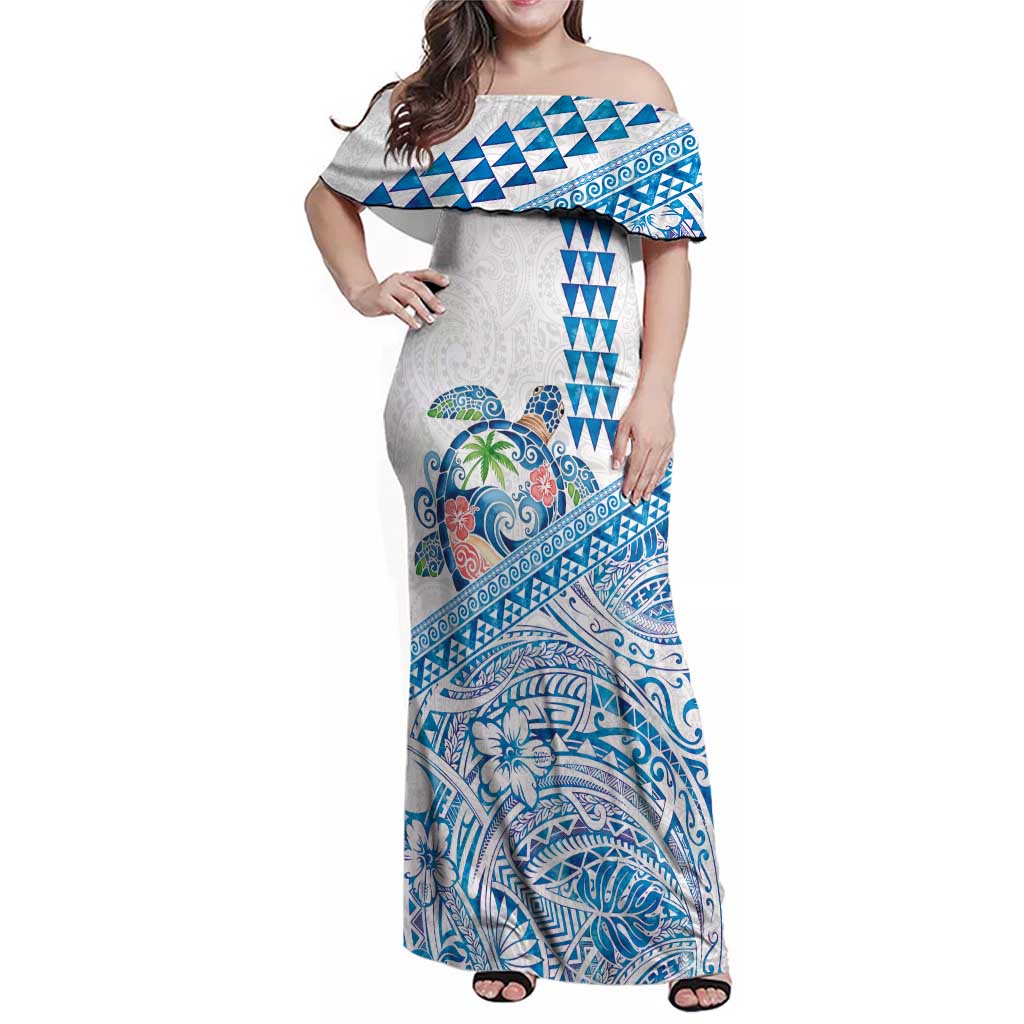 Hawaiian Abstract Sea Turtle Family Matching Off Shoulder Maxi Dress and Hawaiian Shirt Polynesian Tapa Art and Kakau Tattoo White WaterColor LT03 Mom's Dress White - Polynesian Pride