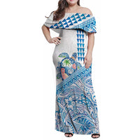 Hawaiian Abstract Sea Turtle Family Matching Off Shoulder Maxi Dress and Hawaiian Shirt Polynesian Tapa Art and Kakau Tattoo White WaterColor LT03 Mom's Dress White - Polynesian Pride