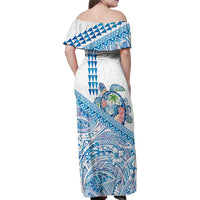 Hawaiian Abstract Sea Turtle Family Matching Off Shoulder Maxi Dress and Hawaiian Shirt Polynesian Tapa Art and Kakau Tattoo White WaterColor LT03 - Polynesian Pride