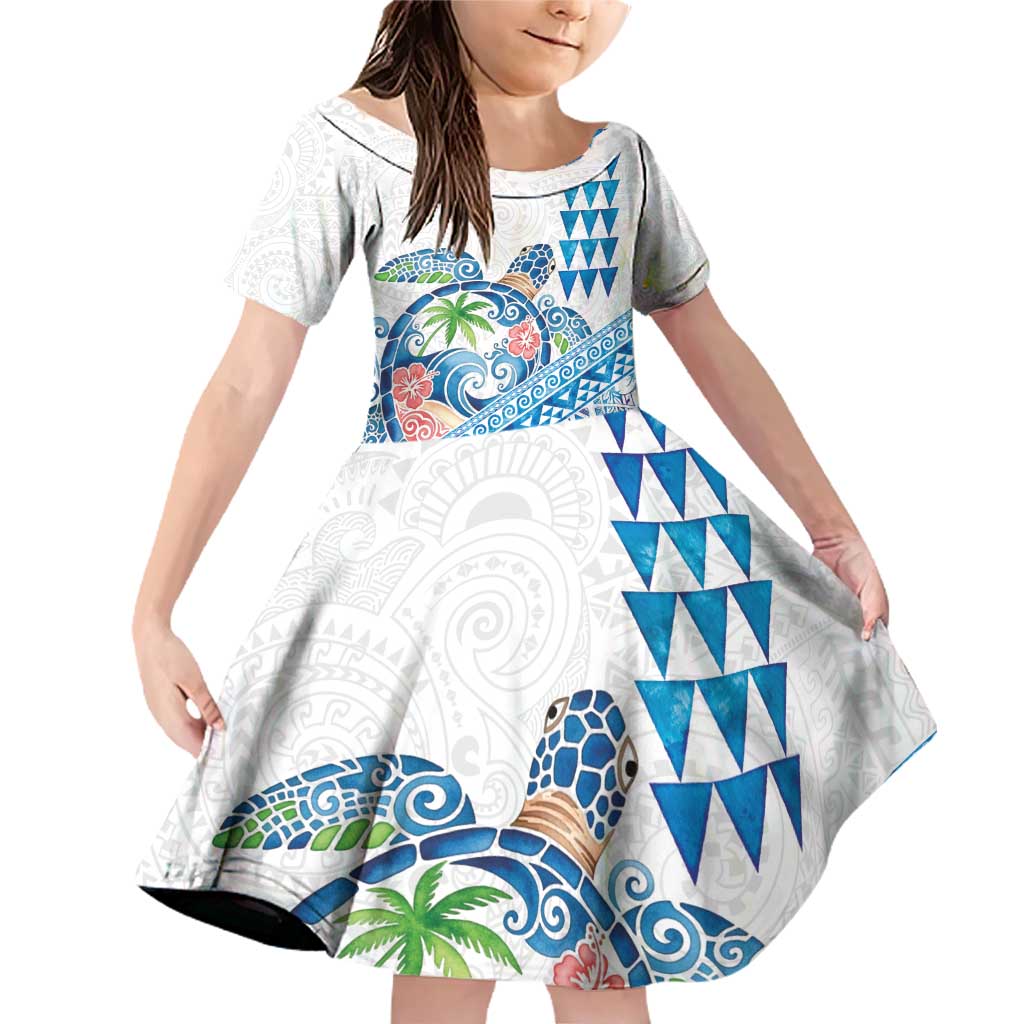 Hawaiian Abstract Sea Turtle Family Matching Off Shoulder Short Dress and Hawaiian Shirt Polynesian Tapa Art and Kakau Tattoo White WaterColor LT03 Daughter's Dress White - Polynesian Pride