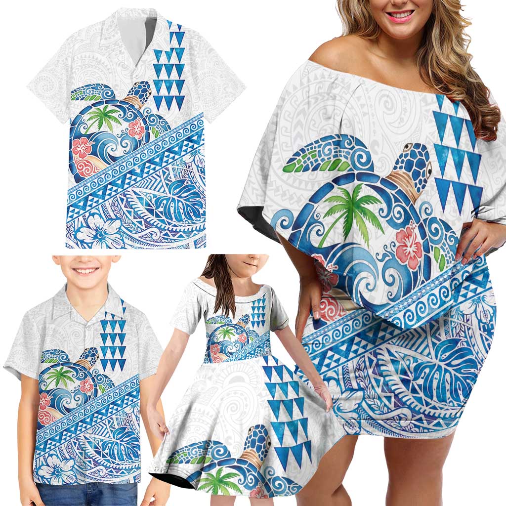 Hawaiian Abstract Sea Turtle Family Matching Off Shoulder Short Dress and Hawaiian Shirt Polynesian Tapa Art and Kakau Tattoo White WaterColor LT03 - Polynesian Pride