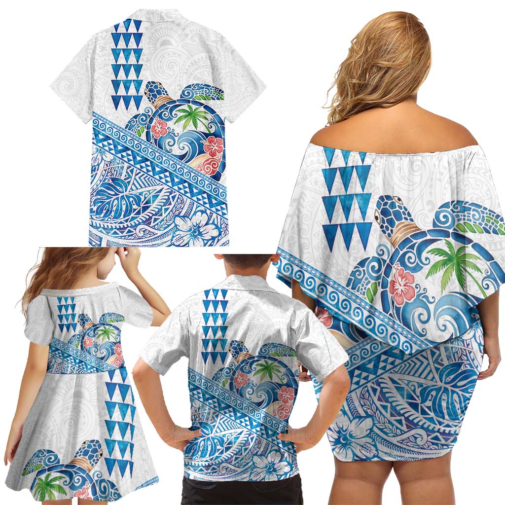Hawaiian Abstract Sea Turtle Family Matching Off Shoulder Short Dress and Hawaiian Shirt Polynesian Tapa Art and Kakau Tattoo White WaterColor LT03 - Polynesian Pride