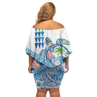 Hawaiian Abstract Sea Turtle Family Matching Off Shoulder Short Dress and Hawaiian Shirt Polynesian Tapa Art and Kakau Tattoo White WaterColor LT03 - Polynesian Pride