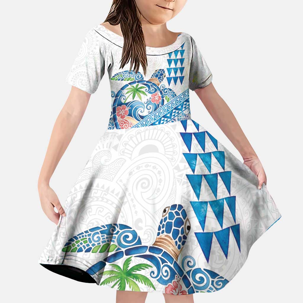 Hawaiian Abstract Sea Turtle Family Matching Puletasi and Hawaiian Shirt Polynesian Tapa Art and Kakau Tattoo White WaterColor LT03 Daughter's Dress White - Polynesian Pride