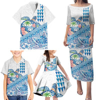 Hawaiian Abstract Sea Turtle Family Matching Puletasi and Hawaiian Shirt Polynesian Tapa Art and Kakau Tattoo White WaterColor LT03 - Polynesian Pride