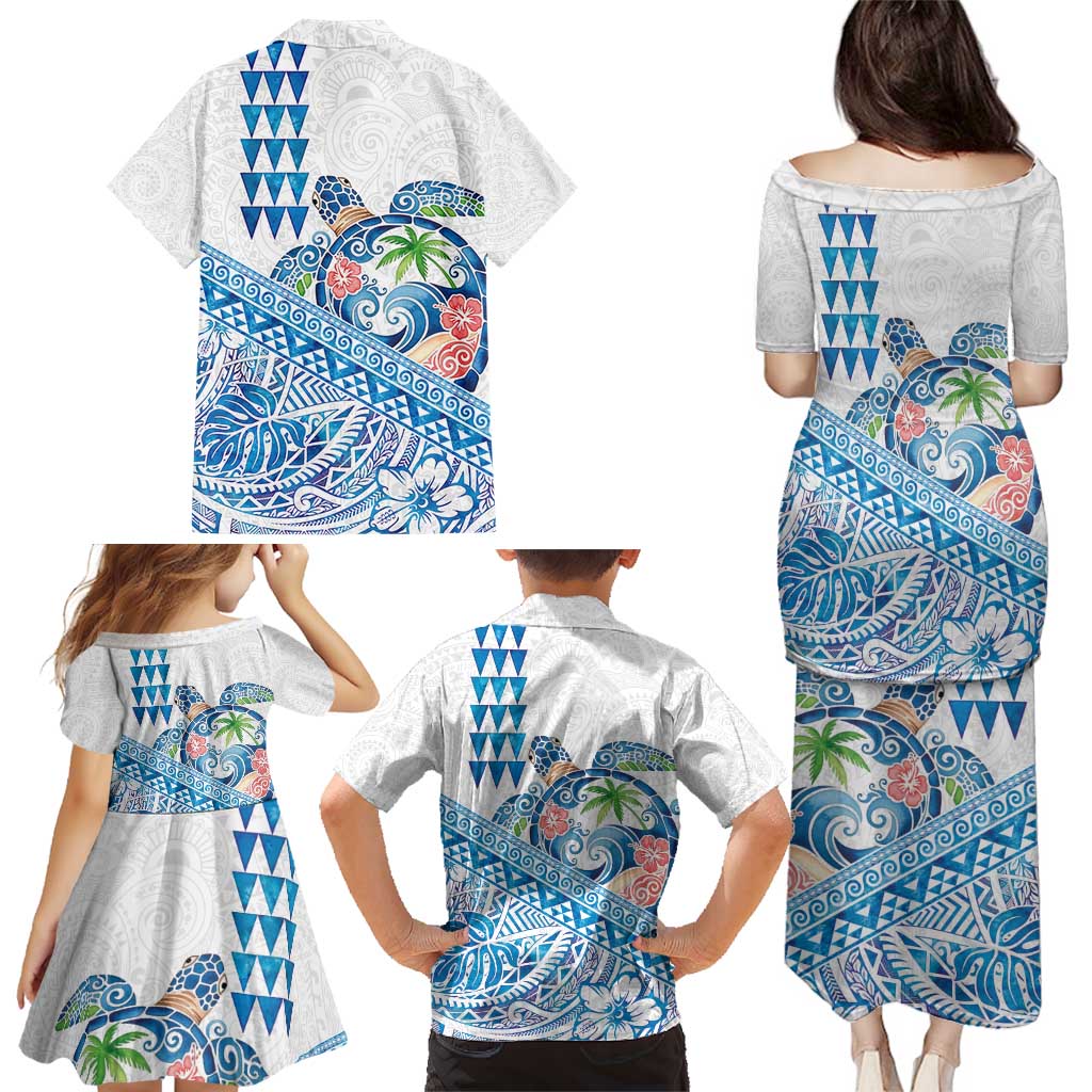 Hawaiian Abstract Sea Turtle Family Matching Puletasi and Hawaiian Shirt Polynesian Tapa Art and Kakau Tattoo White WaterColor LT03 - Polynesian Pride