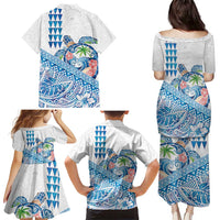 Hawaiian Abstract Sea Turtle Family Matching Puletasi and Hawaiian Shirt Polynesian Tapa Art and Kakau Tattoo White WaterColor LT03 - Polynesian Pride