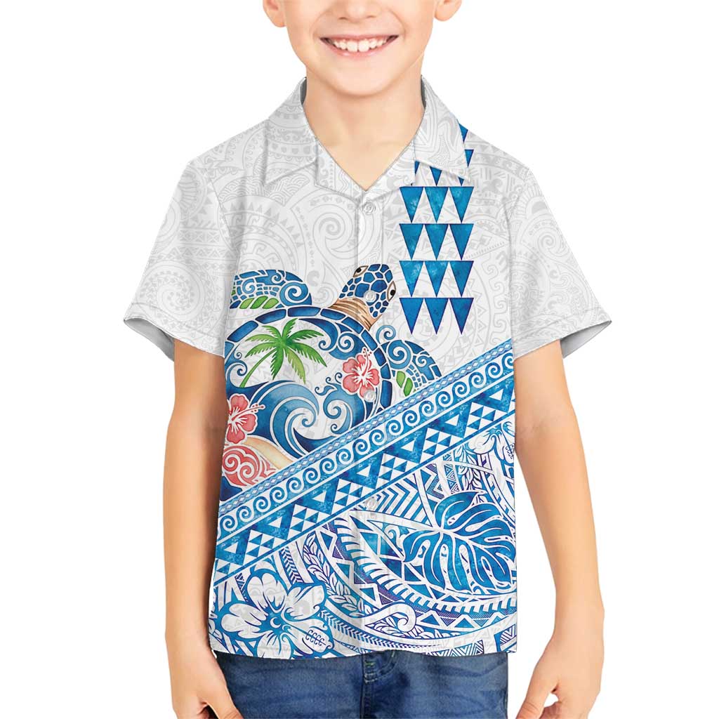 Hawaiian Abstract Sea Turtle Family Matching Puletasi and Hawaiian Shirt Polynesian Tapa Art and Kakau Tattoo White WaterColor LT03 Son's Shirt White - Polynesian Pride