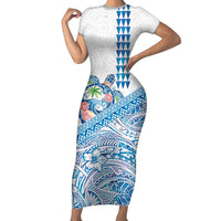 Hawaiian Abstract Sea Turtle Family Matching Short Sleeve Bodycon Dress and Hawaiian Shirt Polynesian Tapa Art and Kakau Tattoo White WaterColor LT03 Mom's Dress White - Polynesian Pride