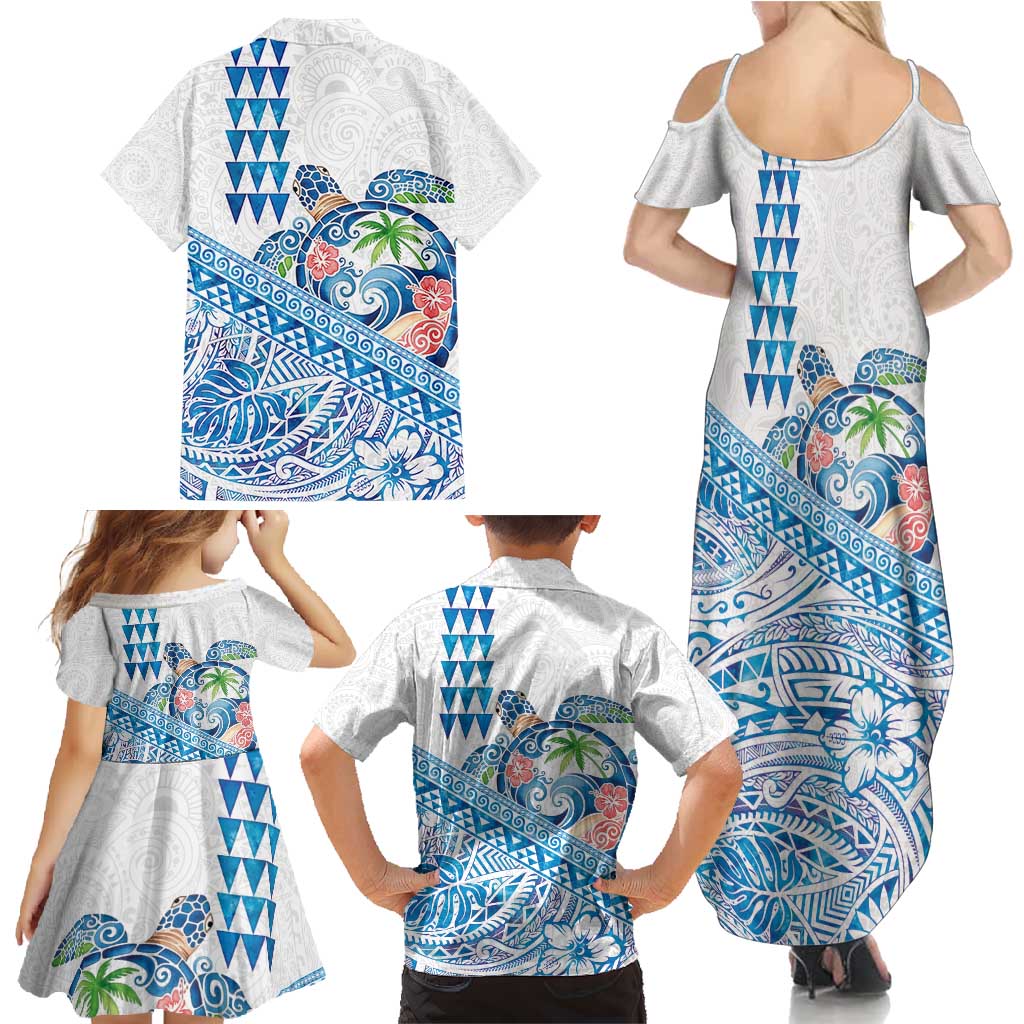 Hawaiian Abstract Sea Turtle Family Matching Summer Maxi Dress and Hawaiian Shirt Polynesian Tapa Art and Kakau Tattoo White WaterColor LT03 - Polynesian Pride