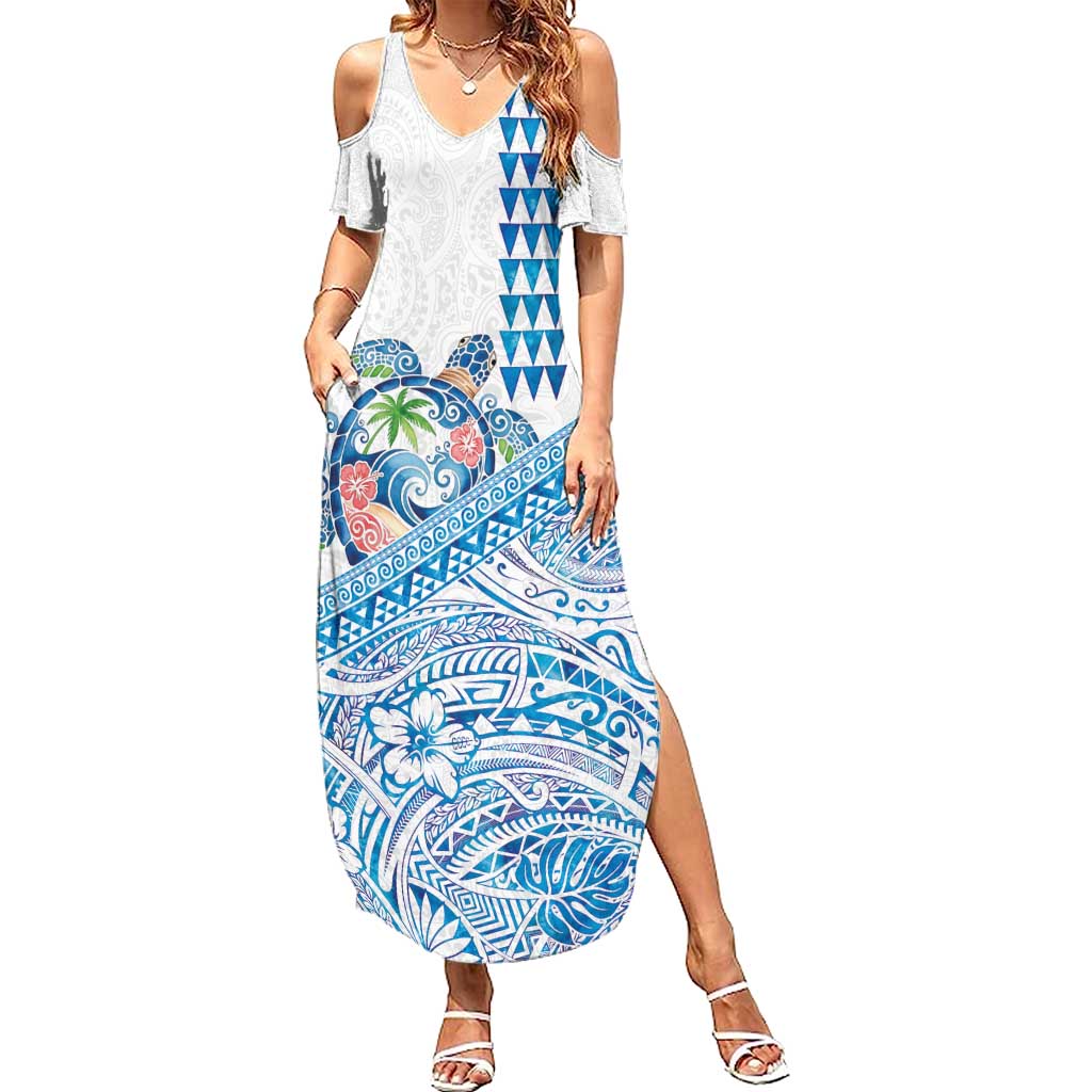 Hawaiian Abstract Sea Turtle Family Matching Summer Maxi Dress and Hawaiian Shirt Polynesian Tapa Art and Kakau Tattoo White WaterColor LT03 Mom's Dress White - Polynesian Pride