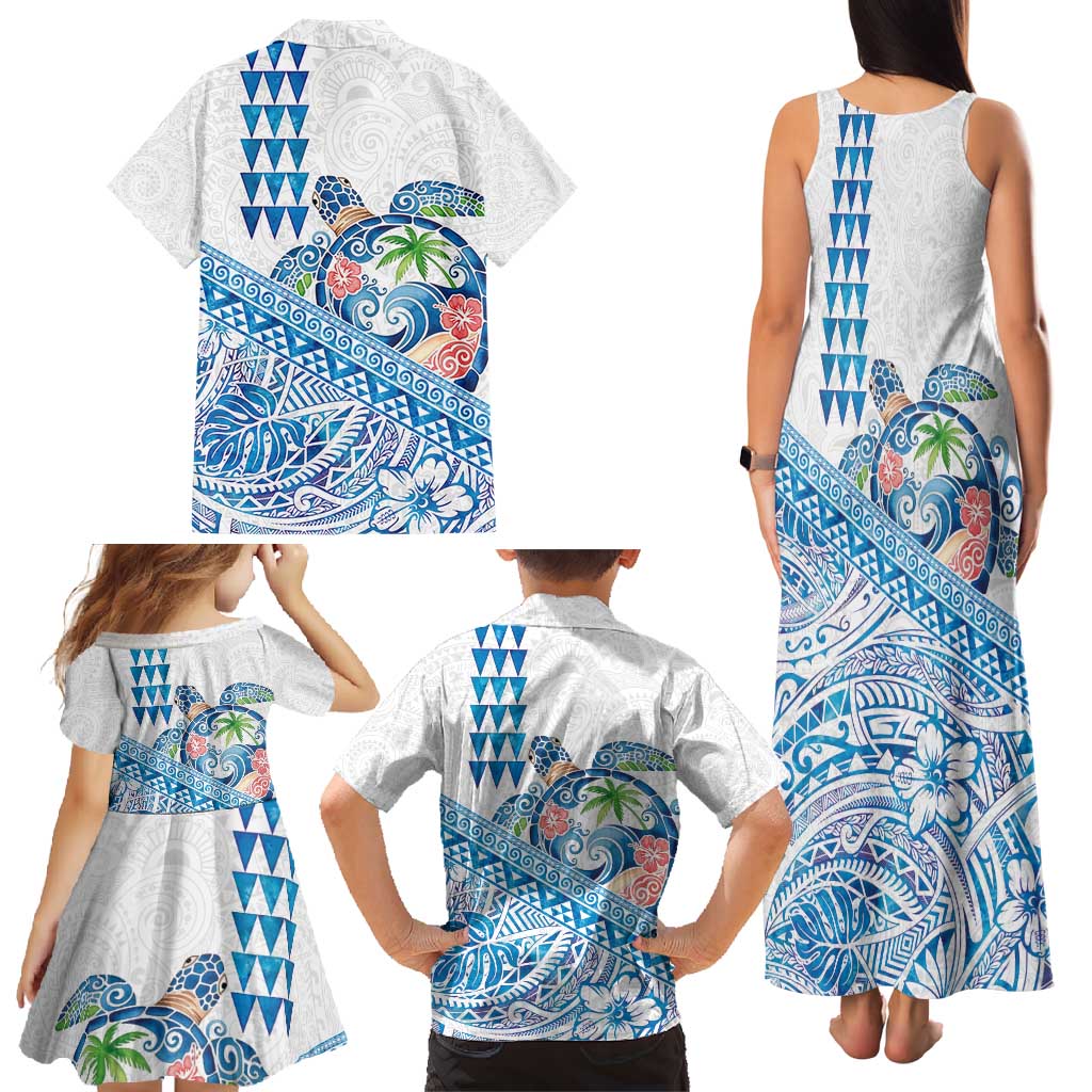 Hawaiian Abstract Sea Turtle Family Matching Tank Maxi Dress and Hawaiian Shirt Polynesian Tapa Art and Kakau Tattoo White WaterColor LT03 - Polynesian Pride