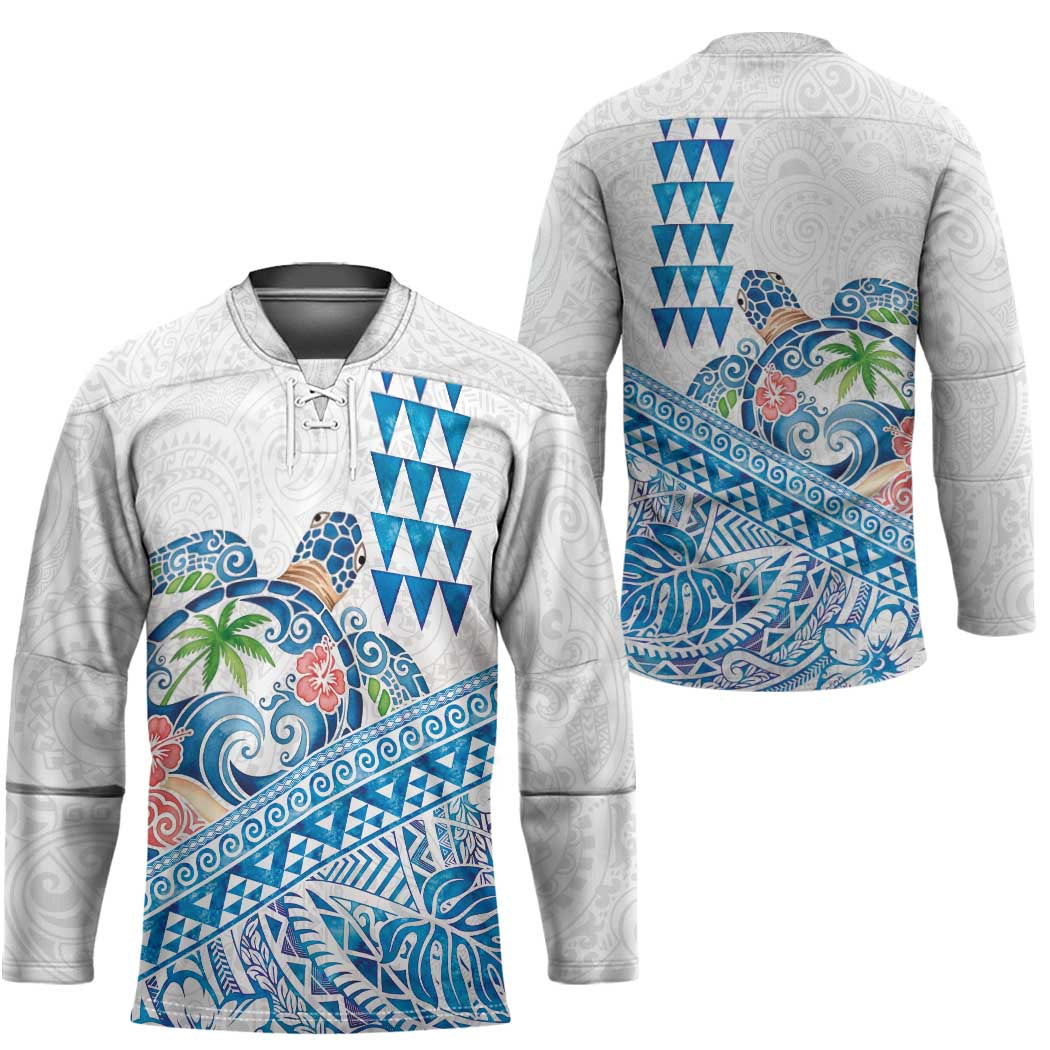 Hawaiian Abstract Sea Turtle Hockey Jersey Polynesian Tapa Art and Kakau Tattoo White WaterColor - Polynesian Pride