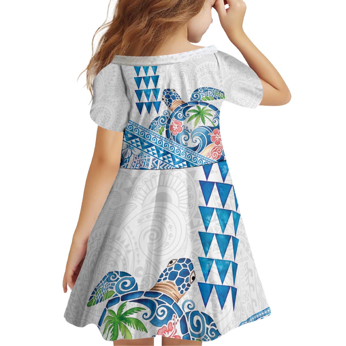 Hawaiian Abstract Sea Turtle Kid Short Sleeve Dress Polynesian Tapa Art and Kakau Tattoo White WaterColor LT03 - Polynesian Pride