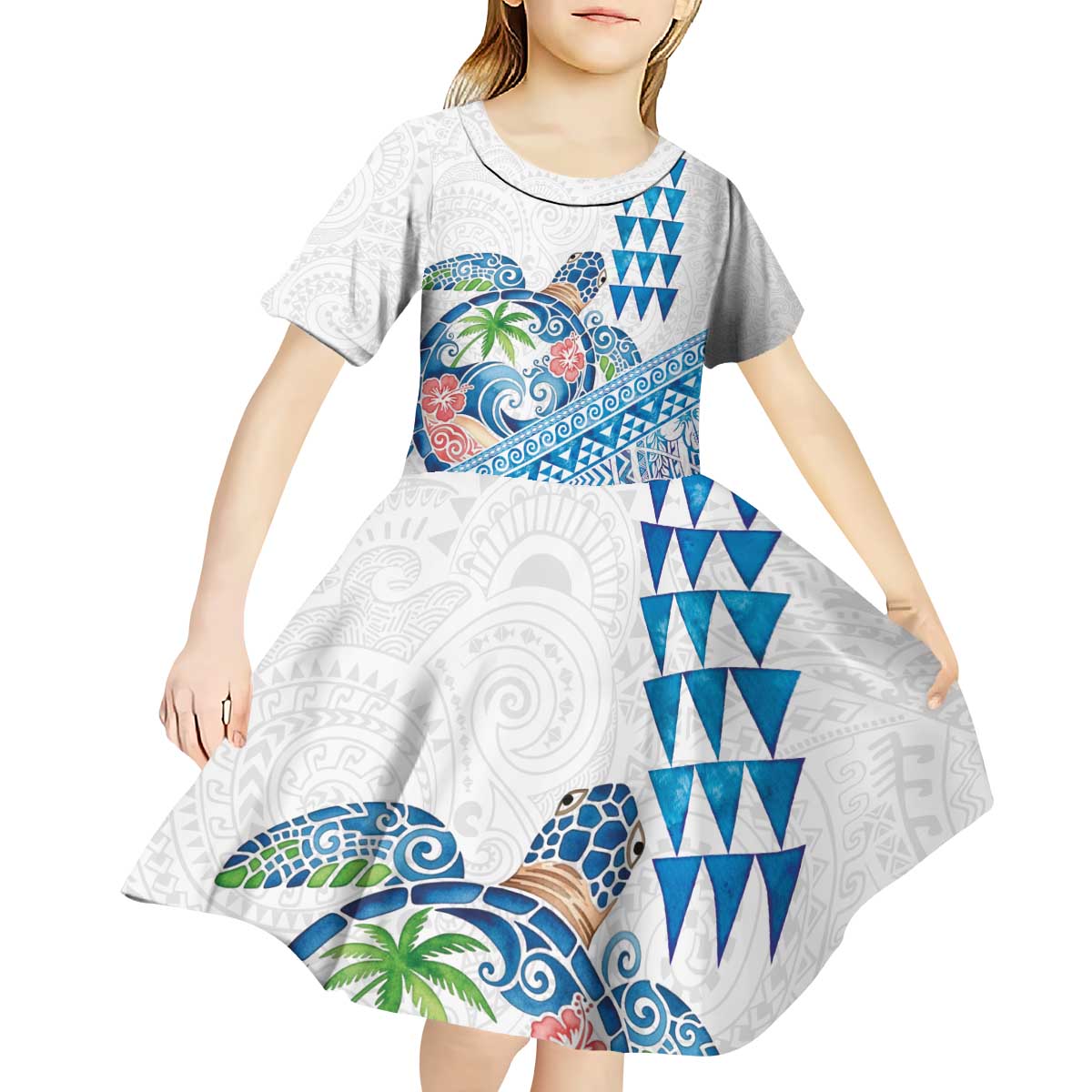 Hawaiian Abstract Sea Turtle Kid Short Sleeve Dress Polynesian Tapa Art and Kakau Tattoo White WaterColor LT03 - Polynesian Pride
