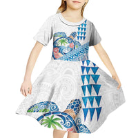 Hawaiian Abstract Sea Turtle Kid Short Sleeve Dress Polynesian Tapa Art and Kakau Tattoo White WaterColor LT03 - Polynesian Pride