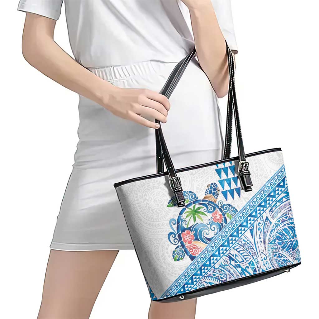 Hawaiian Abstract Sea Turtle Leather Tote Bag Polynesian Tapa Art and Kakau Tattoo White WaterColor - Polynesian Pride