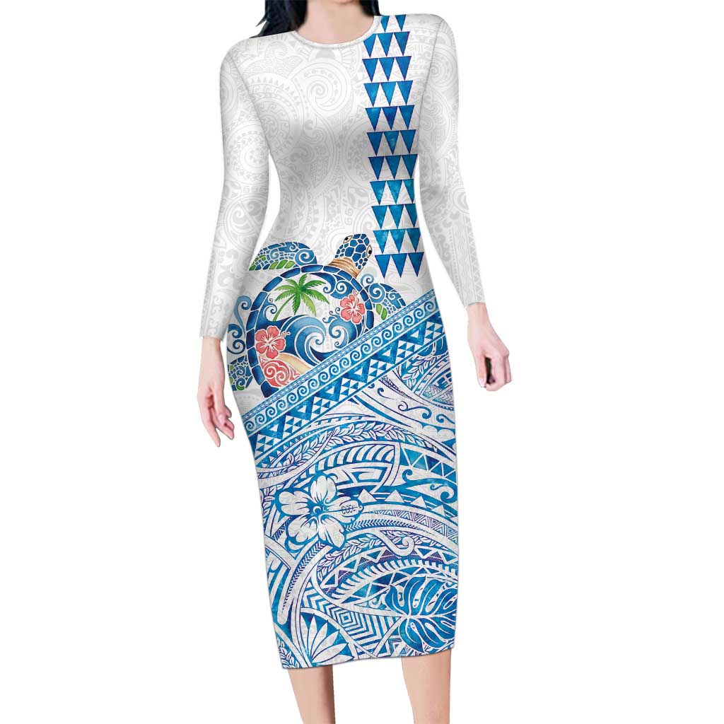 Hawaiian Abstract Sea Turtle Long Sleeve Bodycon Dress Polynesian Tapa Art and Kakau Tattoo White WaterColor LT03 Long Dress White - Polynesian Pride
