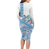 Hawaiian Abstract Sea Turtle Long Sleeve Bodycon Dress Polynesian Tapa Art and Kakau Tattoo White WaterColor LT03 - Polynesian Pride
