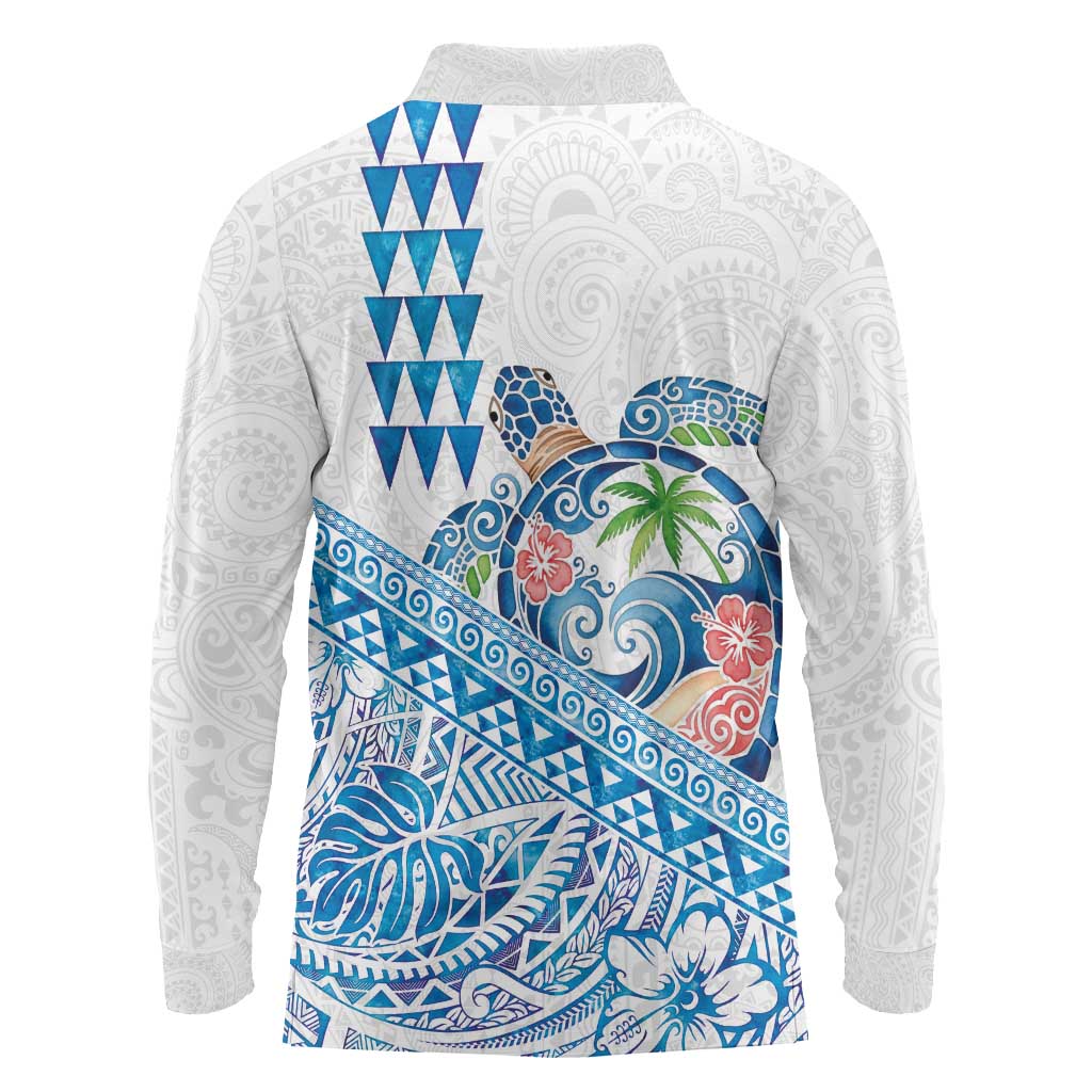 Hawaiian Abstract Sea Turtle Long Sleeve Polo Shirt Polynesian Tapa Art and Kakau Tattoo White WaterColor LT03 - Polynesian Pride