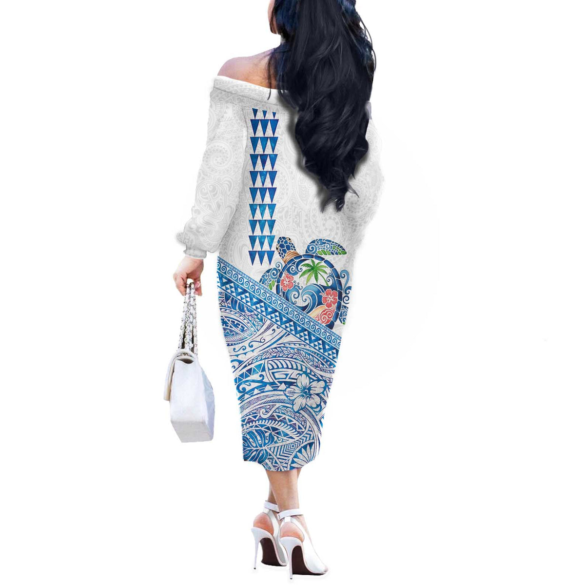 Hawaiian Abstract Sea Turtle Off The Shoulder Long Sleeve Dress Polynesian Tapa Art and Kakau Tattoo White WaterColor LT03 - Polynesian Pride