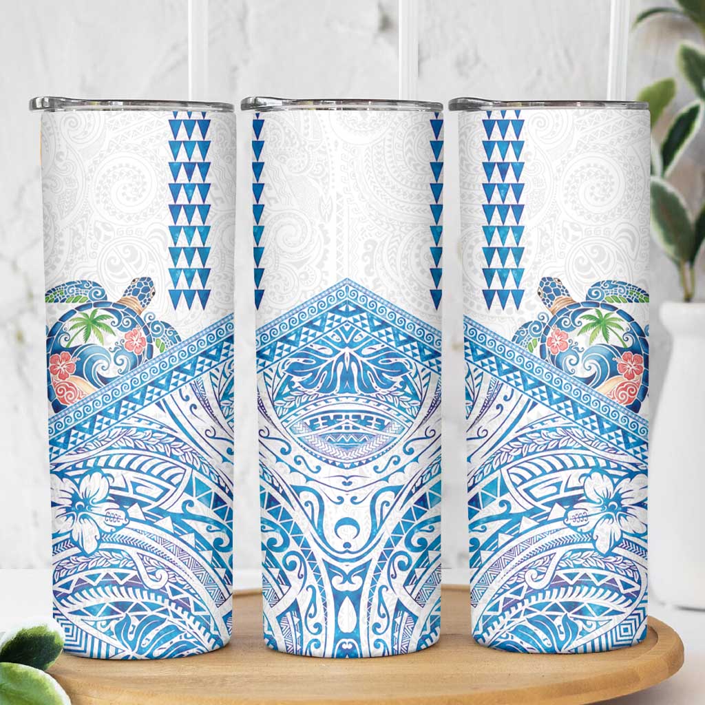 Hawaiian Abstract Sea Turtle Skinny Tumbler Polynesian Tapa Art and Kakau Tattoo White WaterColor LT03 - Polynesian Pride