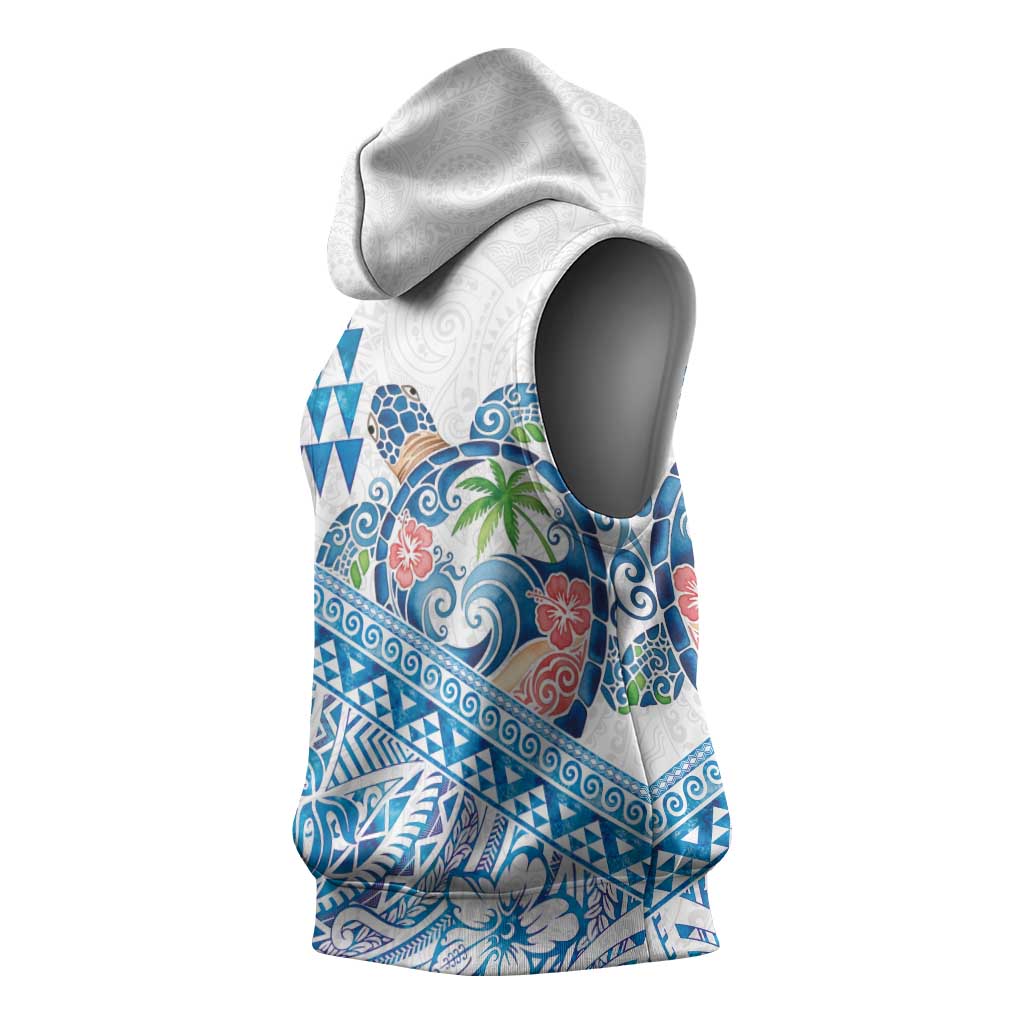 Hawaiian Abstract Sea Turtle Sleeveless Hoodie Polynesian Tapa Art and Kakau Tattoo White WaterColor LT03 - Polynesian Pride