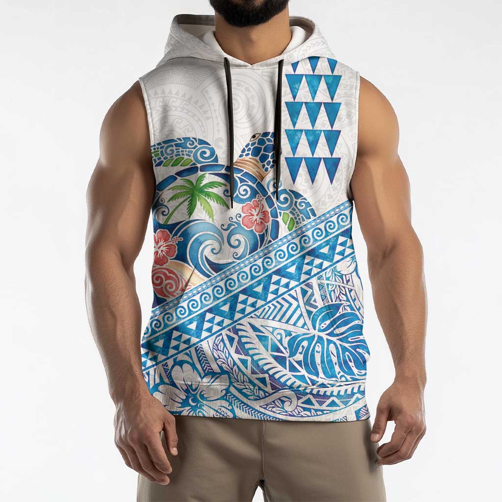 Hawaiian Abstract Sea Turtle Sleeveless Hoodie Polynesian Tapa Art and Kakau Tattoo White WaterColor LT03 - Polynesian Pride
