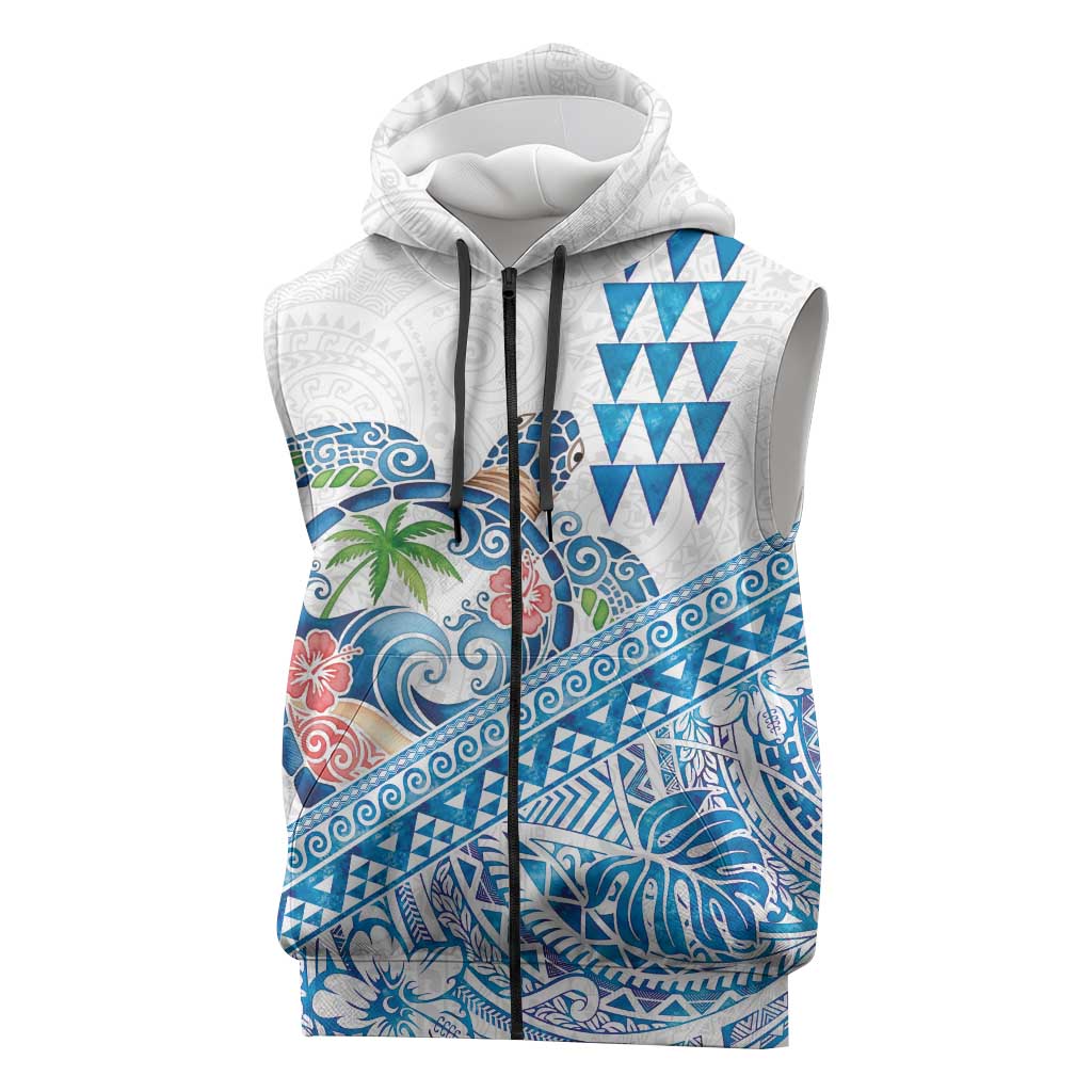 Hawaiian Abstract Sea Turtle Sleeveless Zip Hoodie Polynesian Tapa Art and Kakau Tattoo White WaterColor LT03 White - Polynesian Pride