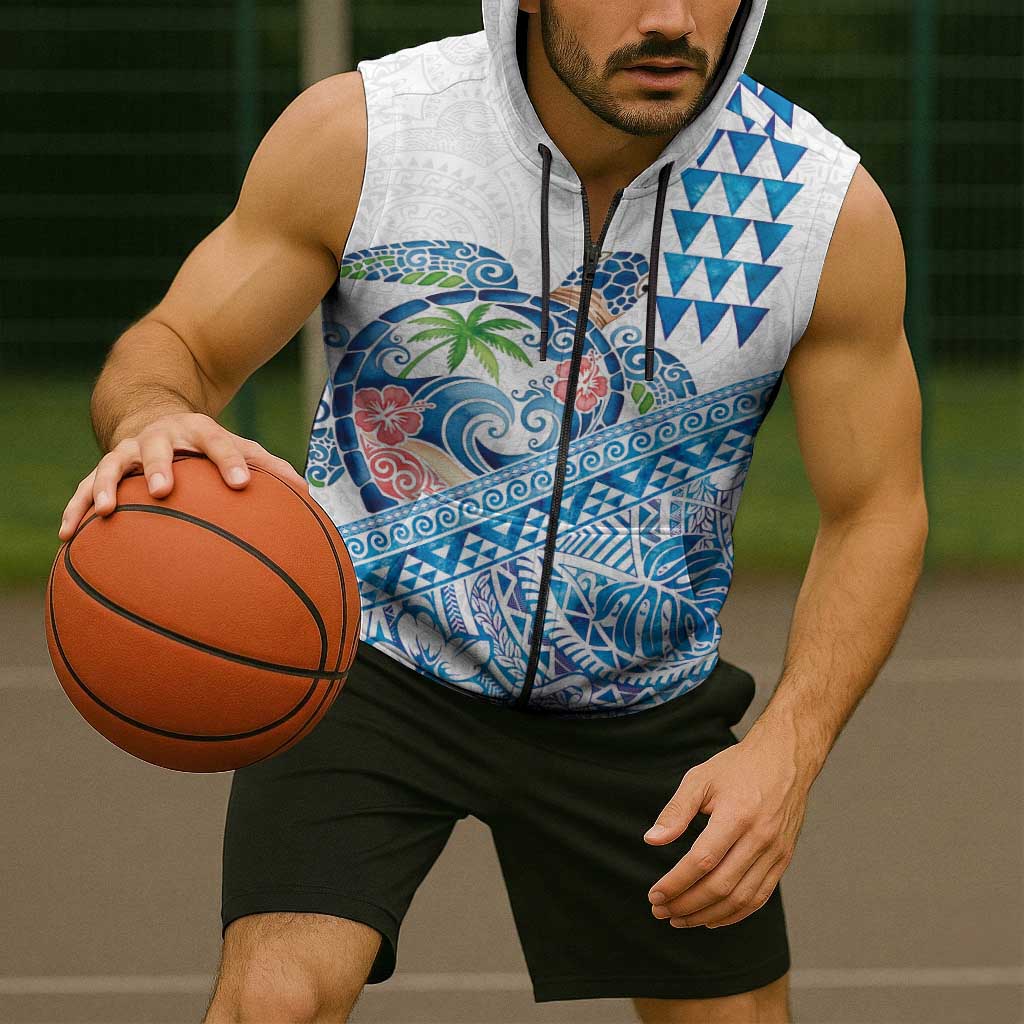 Hawaiian Abstract Sea Turtle Sleeveless Zip Hoodie Polynesian Tapa Art and Kakau Tattoo White WaterColor LT03 - Polynesian Pride